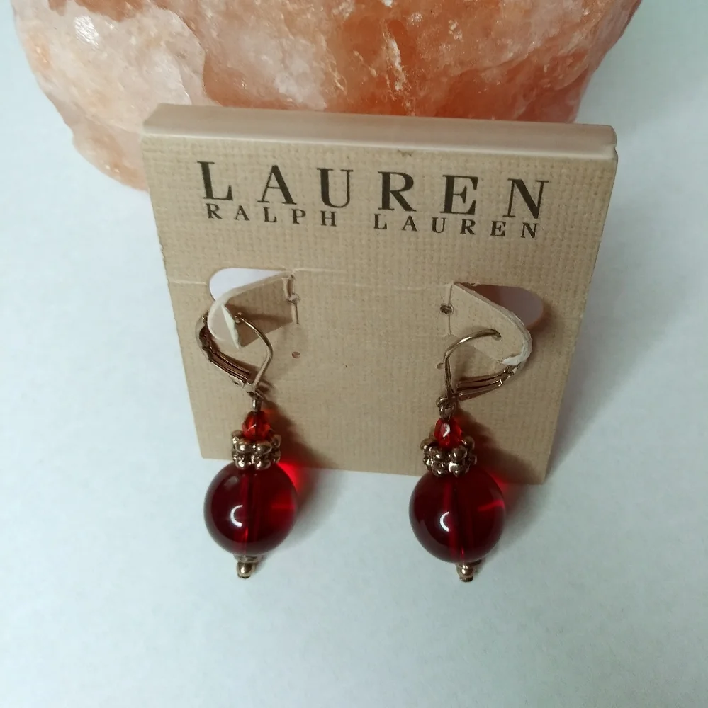 Lauren Ralph Lauren Vintage Gold Tone/Red Leverback Ball Earrings_2